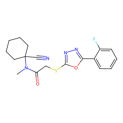 N-(1-cyanocyclohexyl)-2-[[5-(2-fluorophenyl)-1,3,4-oxadiazol-2-yl]sulfanyl]-N-methylacetamide structure