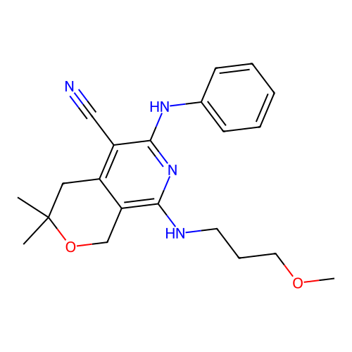 6-anilino-8-(3-methoxypropylamino)-3,3-dimethyl-1,4-dihydropyrano[3,4-c]pyridine-5-carbonitrile structure