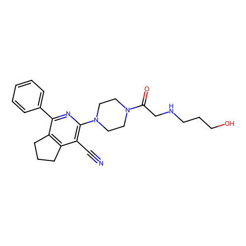 3-(4-(2-((3-hydroxypropyl)amino)acetyl)piperazin-1-yl)-1-phenyl-6,7-dihydro-5H-cyclopenta[c]pyridine-4-carbonitrile structure