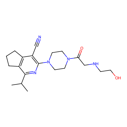 3-(4-(2-((2-hydroxyethyl)amino)acetyl)piperazin-1-yl)-1-isopropyl-6,7-dihydro-5H-cyclopenta[c]pyridine-4-carbonitrile structure