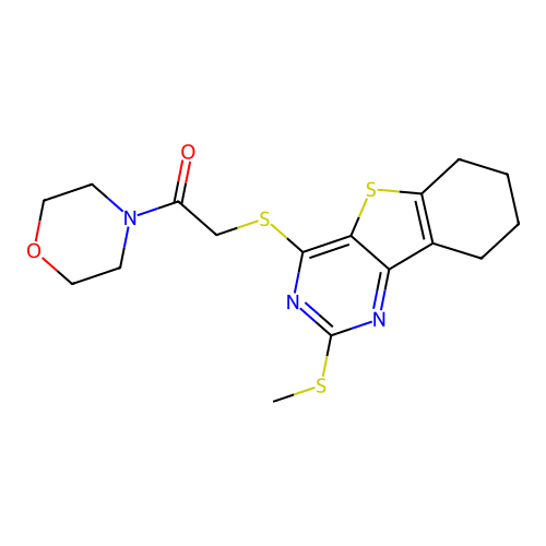 2-((2-(methylthio)-6,7,8,9-tetrahydrobenzo[4,5]thieno[3,2-d]pyrimidin-4-yl)thio)-1-morpholinoethanone structure