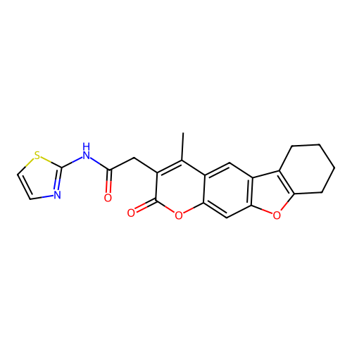 2-(4-methyl-2-oxo-6,7,8,9-tetrahydro-2H-benzofuro[3,2-g]chromen-3-yl)-N-(thiazol-2-yl)acetamide structure