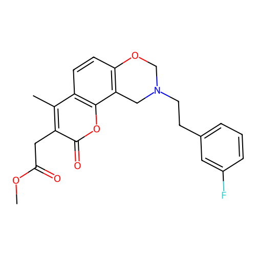 methyl 2-(9-(3-fluorophenethyl)-4-methyl-2-oxo-2,8,9,10-tetrahydrochromeno[8,7-e][1,3]oxazin-3-yl)acetate structure
