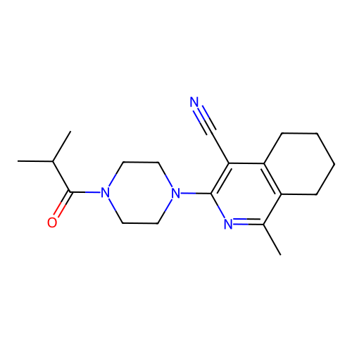 1-methyl-3-[4-(2-methylpropanoyl)piperazin-1-yl]-5,6,7,8-tetrahydroisoquinoline-4-carbonitrile structure