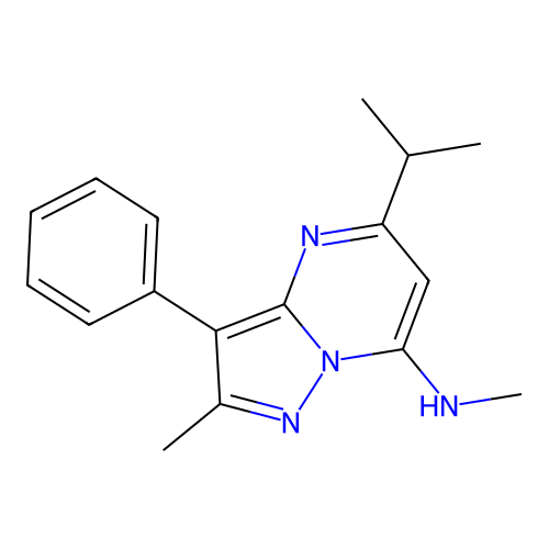 N,2-dimethyl-3-phenyl-5-(propan-2-yl)pyrazolo[1,5-a]pyrimidin-7-amine structure