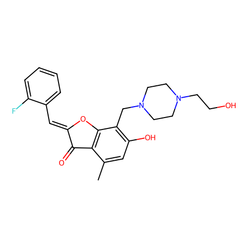 (2Z)-2-(2-fluorobenzylidene)-6-hydroxy-7-{[4-(2-hydroxyethyl)piperazin-1-yl]methyl}-4-methyl-1-benzofuran-3(2H)-one structure