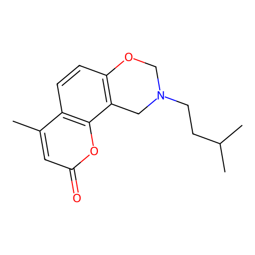 9-isopentyl-4-methyl-9,10-dihydrochromeno[8,7-e][1,3]oxazin-2(8H)-one structure