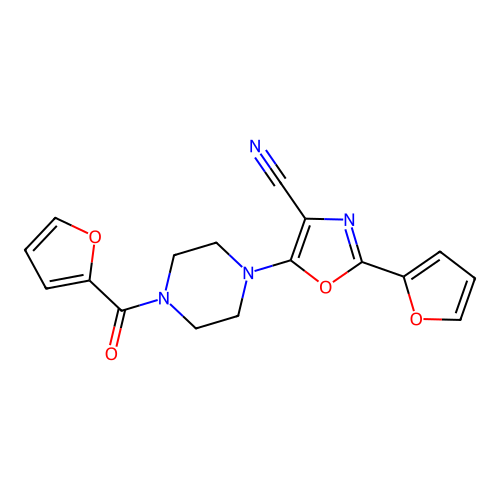 5-[4-(Furan-2-carbonyl)piperazin-1-yl]-2-(furan-2-yl)-1,3-oxazole-4-carbonitrile structure