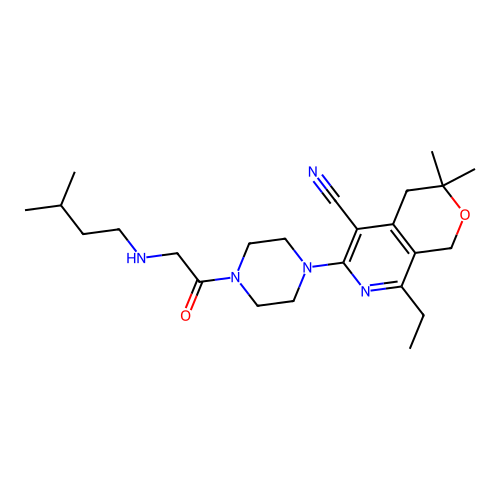 8-ethyl-3,3-dimethyl-6-[4-[2-(3-methylbutylamino)acetyl]piperazin-1-yl]-1,4-dihydropyrano[3,4-c]pyridine-5-carbonitrile structure