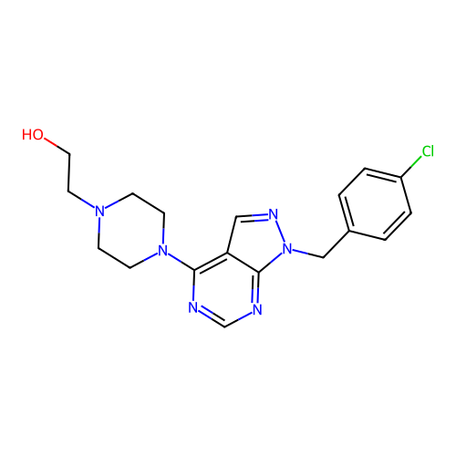 2-{4-[1-(4-chlorobenzyl)-1H-pyrazolo[3,4-d]pyrimidin-4-yl]piperazin-1-yl}ethanol structure