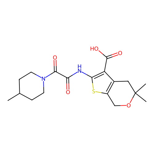 5,5-dimethyl-2-(2-(4-methylpiperidin-1-yl)-2-oxoacetamido)-5,7-dihydro-4H-thieno[2,3-c]pyran-3-carboxylic acid structure