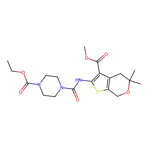 ethyl 4-((3-(methoxycarbonyl)-5,5-dimethyl-5,7-dihydro-4H-thieno[2,3-c]pyran-2-yl)carbamoyl)piperazine-1-carboxylate structure