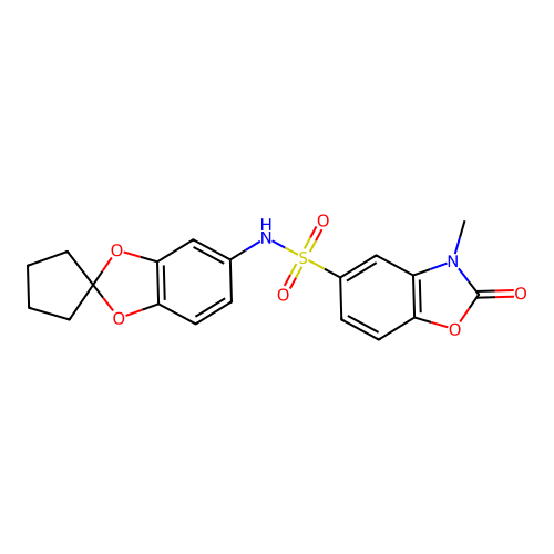 3-methyl-2-oxo-N-(spiro[1,3-benzodioxole-2,1'-cyclopentan]-5-yl)-2,3-dihydro-1,3-benzoxazole-5-sulfonamide structure