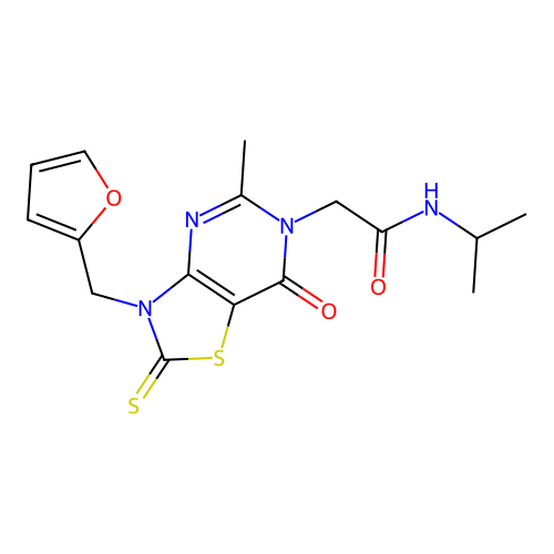 2-(3-(furan-2-ylmethyl)-5-methyl-7-oxo-2-thioxo-2,3-dihydrothiazolo[4,5-d]pyrimidin-6(7H)-yl)-N-isopropylacetamide structure