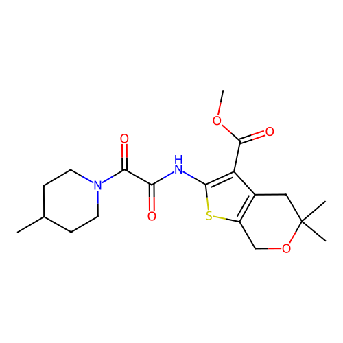 methyl 5,5-dimethyl-2-(2-(4-methylpiperidin-1-yl)-2-oxoacetamido)-5,7-dihydro-4H-thieno[2,3-c]pyran-3-carboxylate structure