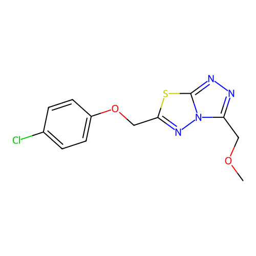 6-((4-chlorophenoxy)methyl)-3-(methoxymethyl)-[1,2,4]triazolo[3,4-b][1,3,4]thiadiazole structure