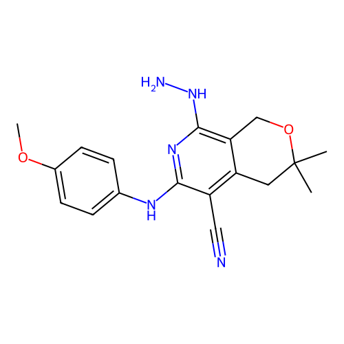 8-hydrazinyl-6-((4-methoxyphenyl)amino)-3,3-dimethyl-3,4-dihydro-1H-pyrano[3,4-c]pyridine-5-carbonitrile structure