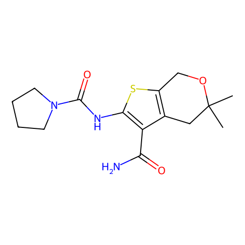 N-(3-carbamoyl-5,5-dimethyl-4,7-dihydrothieno[2,3-c]pyran-2-yl)pyrrolidine-1-carboxamide structure