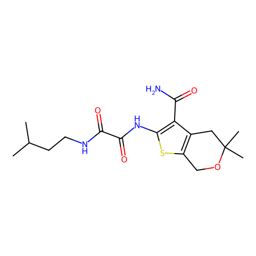 N'-(3-carbamoyl-5,5-dimethyl-4,7-dihydrothieno[2,3-c]pyran-2-yl)-N-(3-methylbutyl)oxamide structure