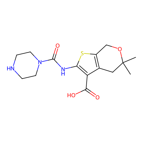 5,5-dimethyl-2-(piperazine-1-carbonylamino)-4,7-dihydrothieno[2,3-c]pyran-3-carboxylic acid structure