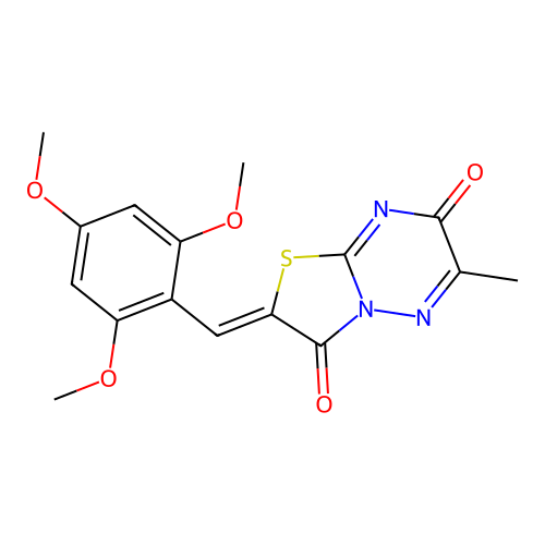 (Z)-6-methyl-2-(2,4,6-trimethoxybenzylidene)-2H-thiazolo[3,2-b][1,2,4]triazine-3,7-dione structure