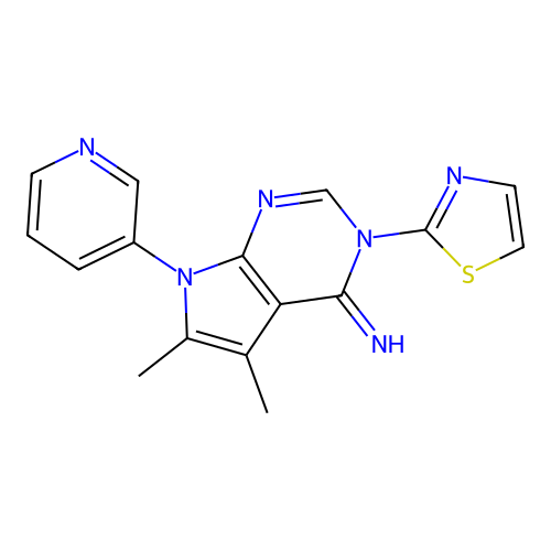 5,6-dimethyl-7-(pyridin-3-yl)-3-(thiazol-2-yl)-3H-pyrrolo[2,3-d]pyrimidin-4(7H)-imine structure
