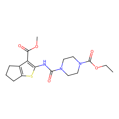 ethyl 4-((3-(methoxycarbonyl)-5,6-dihydro-4H-cyclopenta[b]thiophen-2-yl)carbamoyl)piperazine-1-carboxylate structure