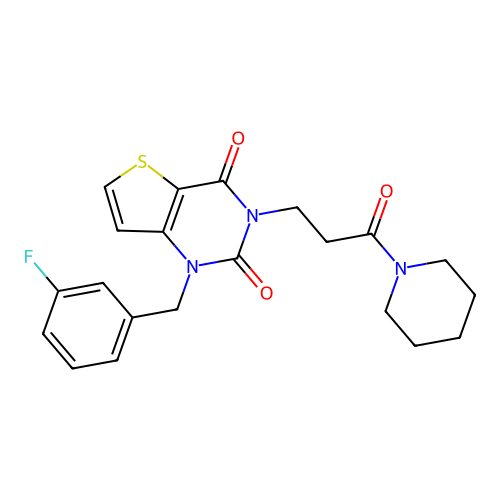 1-(3-fluorobenzyl)-3-(3-oxo-3-(piperidin-1-yl)propyl)thieno[3,2-d]pyrimidine-2,4(1H,3H)-dione structure
