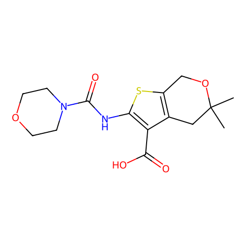 5,5-dimethyl-2-(morpholine-4-carbonylamino)-4,7-dihydrothieno[2,3-c]pyran-3-carboxylic acid structure