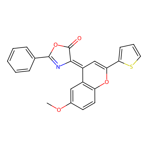 (4Z)-4-(6-methoxy-2-thiophen-2-ylchromen-4-ylidene)-2-phenyl-1,3-oxazol-5-one structure