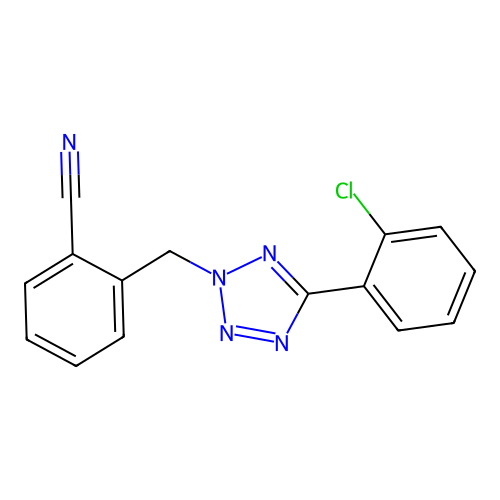 2-((5-(2-chlorophenyl)-2H-tetrazol-2-yl)methyl)benzonitrile structure