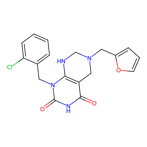 1-(2-chlorobenzyl)-6-(furan-2-ylmethyl)-2-hydroxy-5,6,7,8-tetrahydropyrimido[4,5-d]pyrimidin-4(1H)-one structure