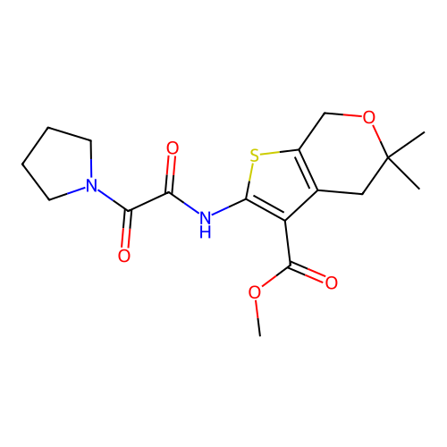 methyl 5,5-dimethyl-2-[(2-oxo-2-pyrrolidin-1-ylacetyl)amino]-4,7-dihydrothieno[2,3-c]pyran-3-carboxylate structure