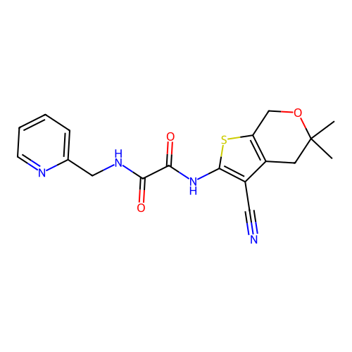 N'-(3-cyano-5,5-dimethyl-4,7-dihydrothieno[2,3-c]pyran-2-yl)-N-(pyridin-2-ylmethyl)oxamide structure
