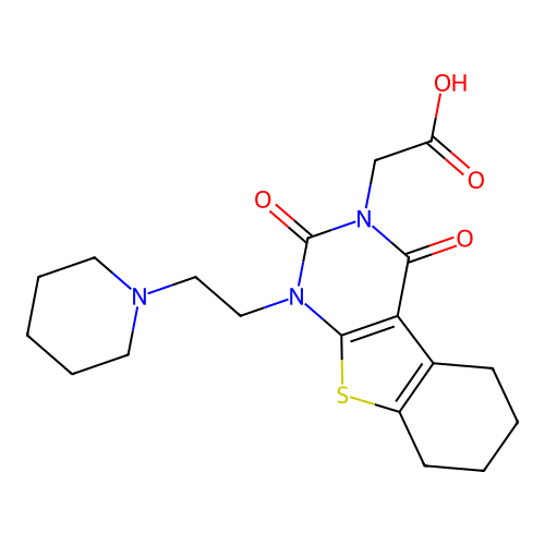 2-(2,4-dioxo-1-(2-(piperidin-1-yl)ethyl)-1,2,5,6,7,8-hexahydrobenzo[4,5]thieno[2,3-d]pyrimidin-3(4H)-yl)acetic acid structure