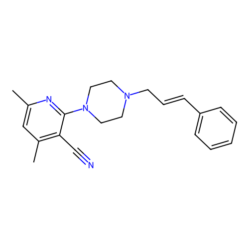(E)-2-(4-cinnamylpiperazin-1-yl)-4,6-dimethylnicotinonitrile structure