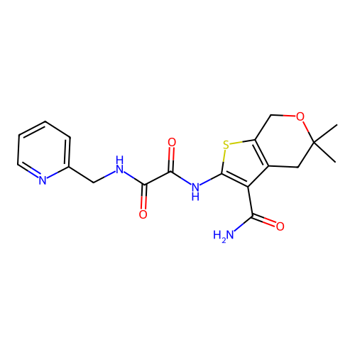 N'-(3-carbamoyl-5,5-dimethyl-4,7-dihydrothieno[2,3-c]pyran-2-yl)-N-(pyridin-2-ylmethyl)oxamide structure