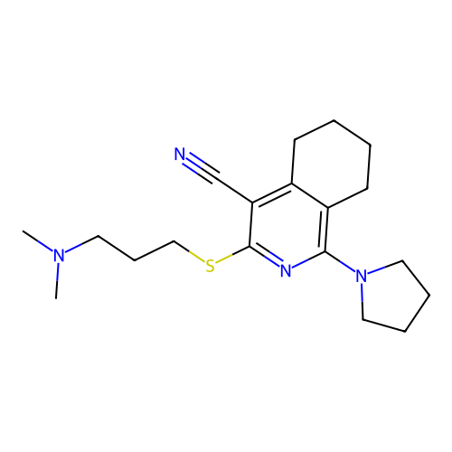3-{[3-(dimethylamino)propyl]sulfanyl}-1-(pyrrolidin-1-yl)-5,6,7,8-tetrahydroisoquinoline-4-carbonitrile structure