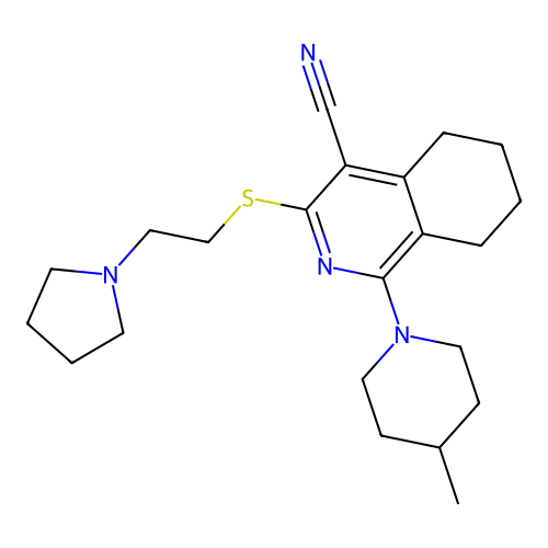 1-(4-methylpiperidin-1-yl)-3-((2-(pyrrolidin-1-yl)ethyl)thio)-5,6,7,8-tetrahydroisoquinoline-4-carbonitrile structure