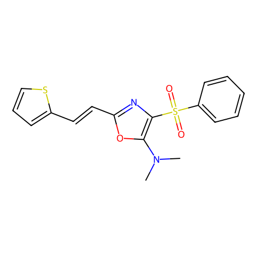 (E)-N,N-dimethyl-4-(phenylsulfonyl)-2-(2-(thiophen-2-yl)vinyl)oxazol-5-amine structure
