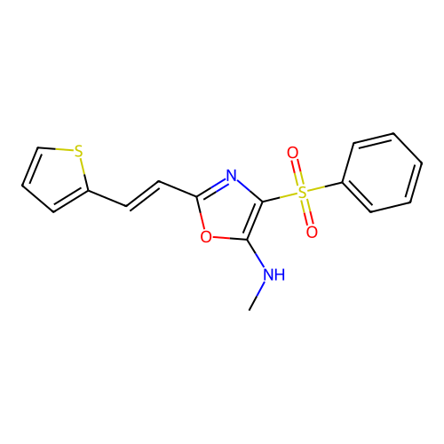 N-methyl-4-(phenylsulfonyl)-2-[(E)-2-(thiophen-2-yl)ethenyl]-1,3-oxazol-5-amine structure