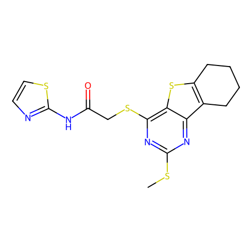 2-((2-(methylthio)-6,7,8,9-tetrahydrobenzo[4,5]thieno[3,2-d]pyrimidin-4-yl)thio)-N-(thiazol-2-yl)acetamide structure
