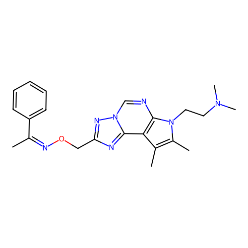 2-{8,9-dimethyl-2-[({[(1Z)-1-phenylethylidene]amino}oxy)methyl]-7H-pyrrolo[3,2-e][1,2,4]triazolo[1,5-c]pyrimidin-7-yl}-N,N-dimethylethanamine structure