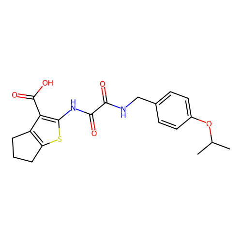 2-(2-((4-isopropoxybenzyl)amino)-2-oxoacetamido)-5,6-dihydro-4H-cyclopenta[b]thiophene-3-carboxylic acid structure