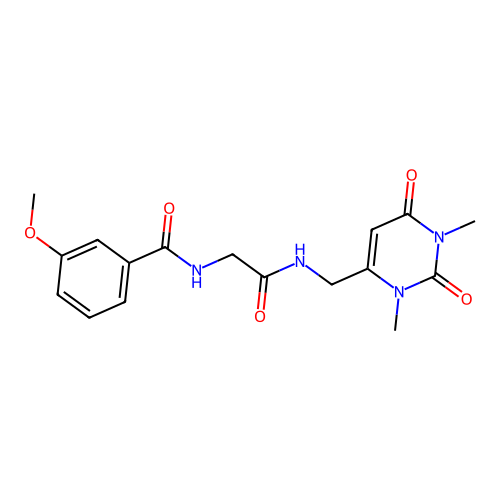 N-(2-(((1,3-dimethyl-2,6-dioxo-1,2,3,6-tetrahydropyrimidin-4-yl)methyl)amino)-2-oxoethyl)-3-methoxybenzamide structure