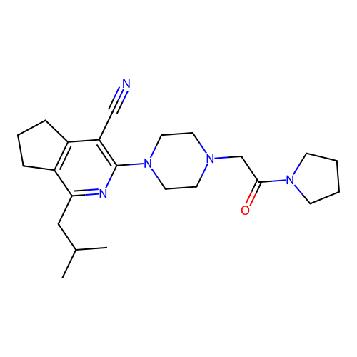 1-(2-methylpropyl)-3-[4-(2-oxo-2-pyrrolidin-1-ylethyl)piperazin-1-yl]-6,7-dihydro-5H-cyclopenta[c]pyridine-4-carbonitrile structure