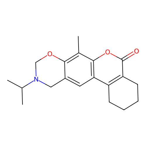 10-isopropyl-7-methyl-1,2,3,4,10,11-hexahydrobenzo[3,4]chromeno[6,7-e][1,3]oxazin-5(9H)-one structure