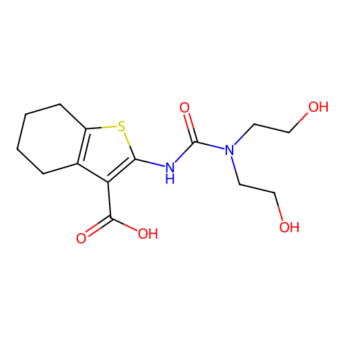 2-(3,3-bis(2-hydroxyethyl)ureido)-4,5,6,7-tetrahydrobenzo[b]thiophene-3-carboxylic acid structure
