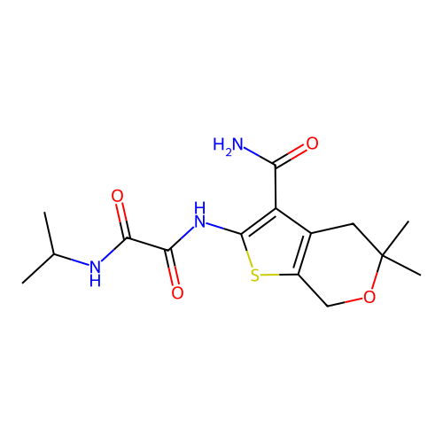 N-(3-carbamoyl-5,5-dimethyl-4,7-dihydrothieno[2,3-c]pyran-2-yl)-N'-propan-2-yloxamide structure