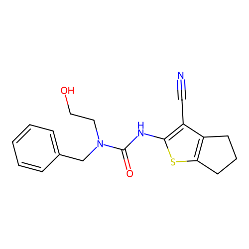1-benzyl-3-(3-cyano-5,6-dihydro-4H-cyclopenta[b]thiophen-2-yl)-1-(2-hydroxyethyl)urea structure